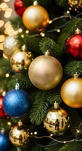 Vibrant Gold Blue Red Christmas Tree Ornaments Close-up