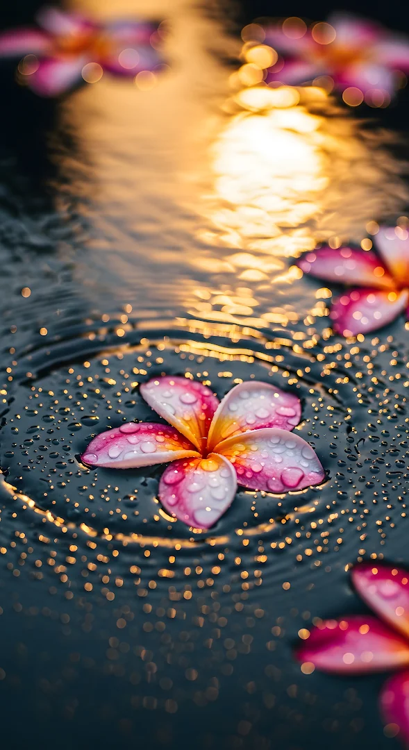 Frangipani Flower Water Droplets Golden Bokeh