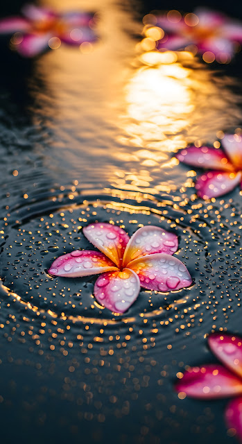 Frangipani Flower Water Droplets Golden Bokeh - Free mobile Wallpaper