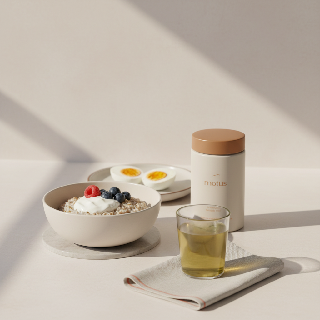 Minimal kitchen countertop with Tonum Motus bottle beside a bowl of oats with Greek yogurt and berries, two boiled eggs and a glass of green tea — metabolic superfood breakfast.