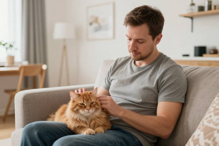 Мужчина ухаживает за котом в уютной гостиной
