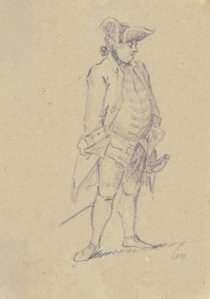Stehender Offizier mit Degen 1760
