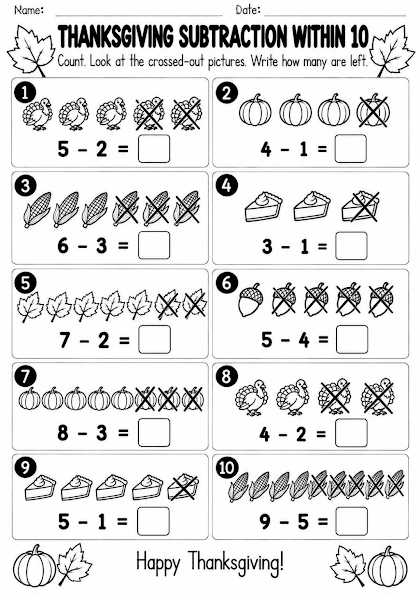 Thanksgiving Subtraction Within 10 Worksheet