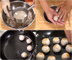Hòa đường, muối, nước cốt dừa vào một chiếc nồi, đun đến khi hơi sánh lại. Tắt bếp và để như vậy khoảng 20 phút. Trộn với hỗn hợp khoai môn bên trên. Sau đó viên thành những viên nhỏ vừa ăn, nướng trên chảo nướng.