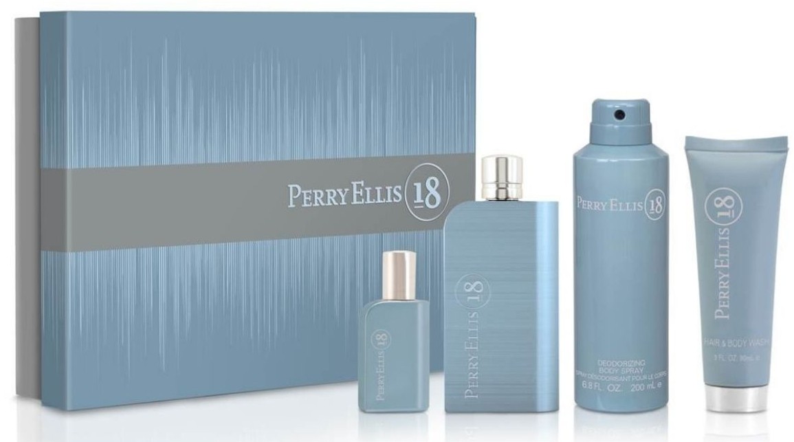 ESTUCHE PERRY ELLIS 18 HOMBRE 4PZS 100ML EDP + 7.5ML EDP + CREMA + GEL DE BAÑO