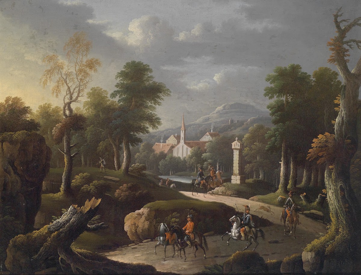 Bergige Landschaft mit Reisenden 1703
