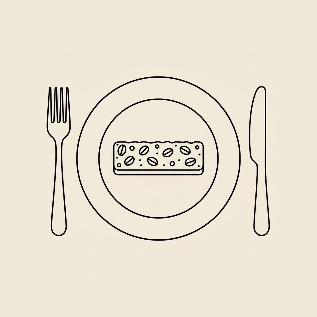 Minimalist 2D vector line illustration of a plate with fork and knife and a stylized meal replacement bars featuring oat and seed motifs on a beige #F2E5D5 background.