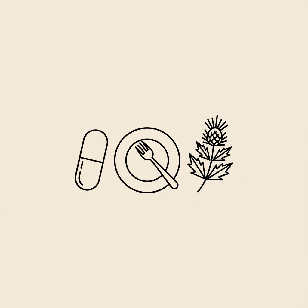 Minimalist Tonum-style line illustration of a capsule, plate with fork, and milk thistle sprig on a flat beige background — B12 vs B complex