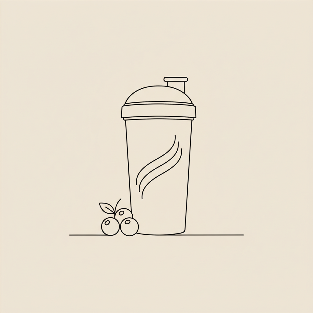 Minimalist line illustration of a tall shaker bottle with a stylized protein swirl and a small cluster of berries on beige background — do weight loss shakes actually work