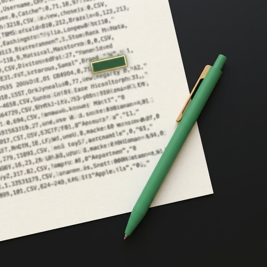 Close up full frame of a printed CSV export with blurred text and a green pen on dark background for crypto taxes Finance Police brand colors