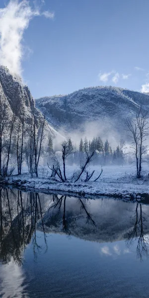 Yosemite, Winter, Reflection, Mountains 4K Wallpaper Background