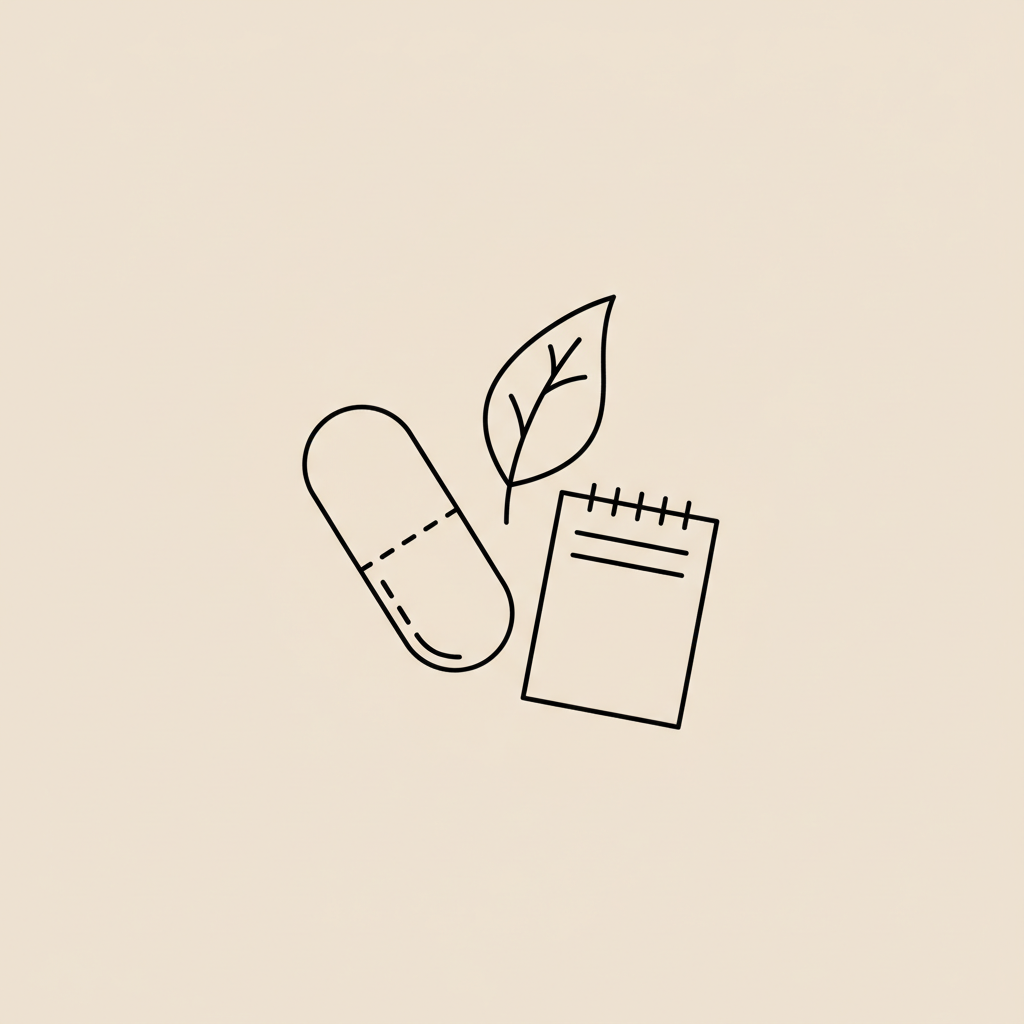 Minimalist line illustration of a capsule, stylized leaf, and small notepad on a flat beige background, Tonum-style vector icon — alpha brain side effects
