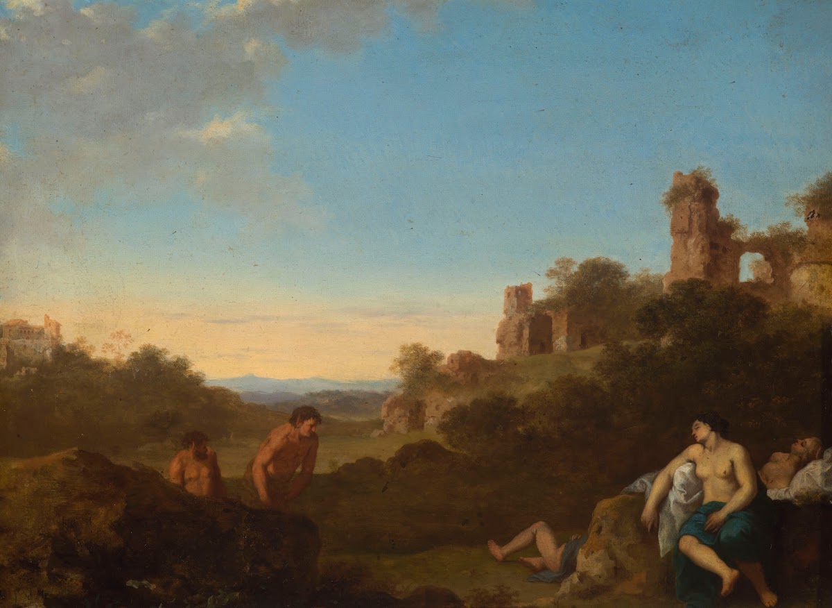Satyrs and sleeping nymphs against Italian landscape 1620 1630