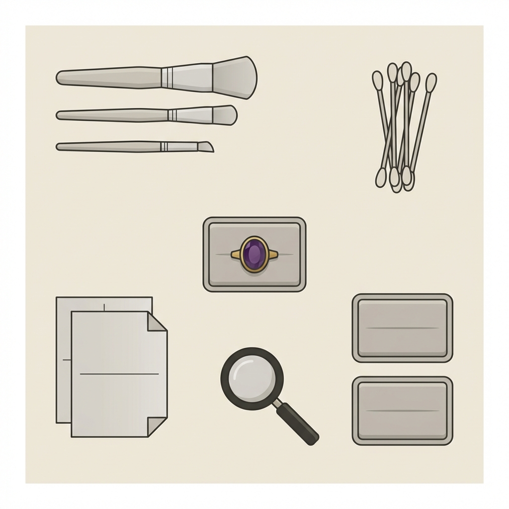 Minimalist 2D vector conservator workspace with brushes cotton swabs padded trays and documentation sheets centered around an ancient amethyst ring on a warm neutral background