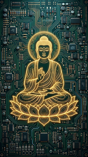 Digital Illustration of Buddha Formed by Glowing Circuit Board Traces - Free mobile Wallpaper