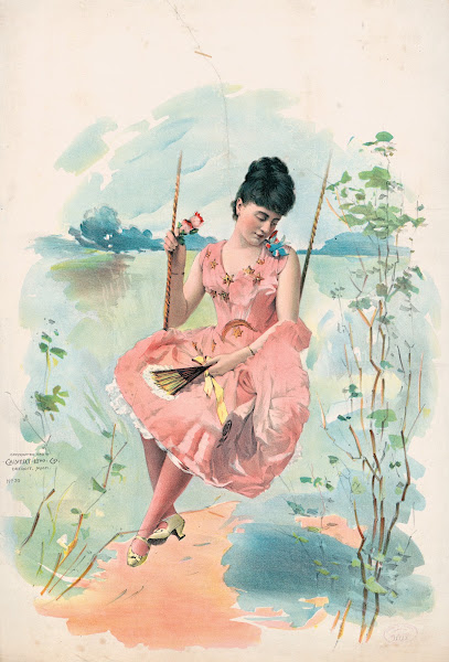 Woman wearing a pink dress with gold stars sitting on a swing 1892