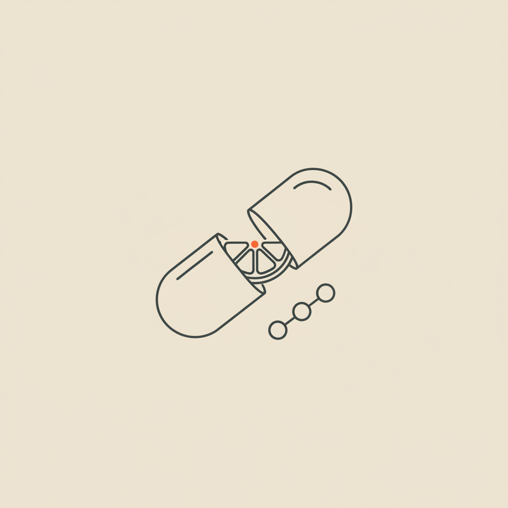 Minimalist vector line illustration of a capsule, citrus wedge, and stylized peptide chain on beige background symbolizing collagen benefits