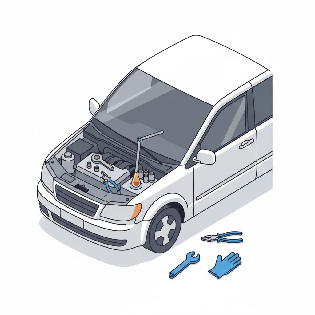 Minimalist vector illustration of a minivan transmission bay with dipstick wrench and glove showing maintenance context for used honda odyssey for sale