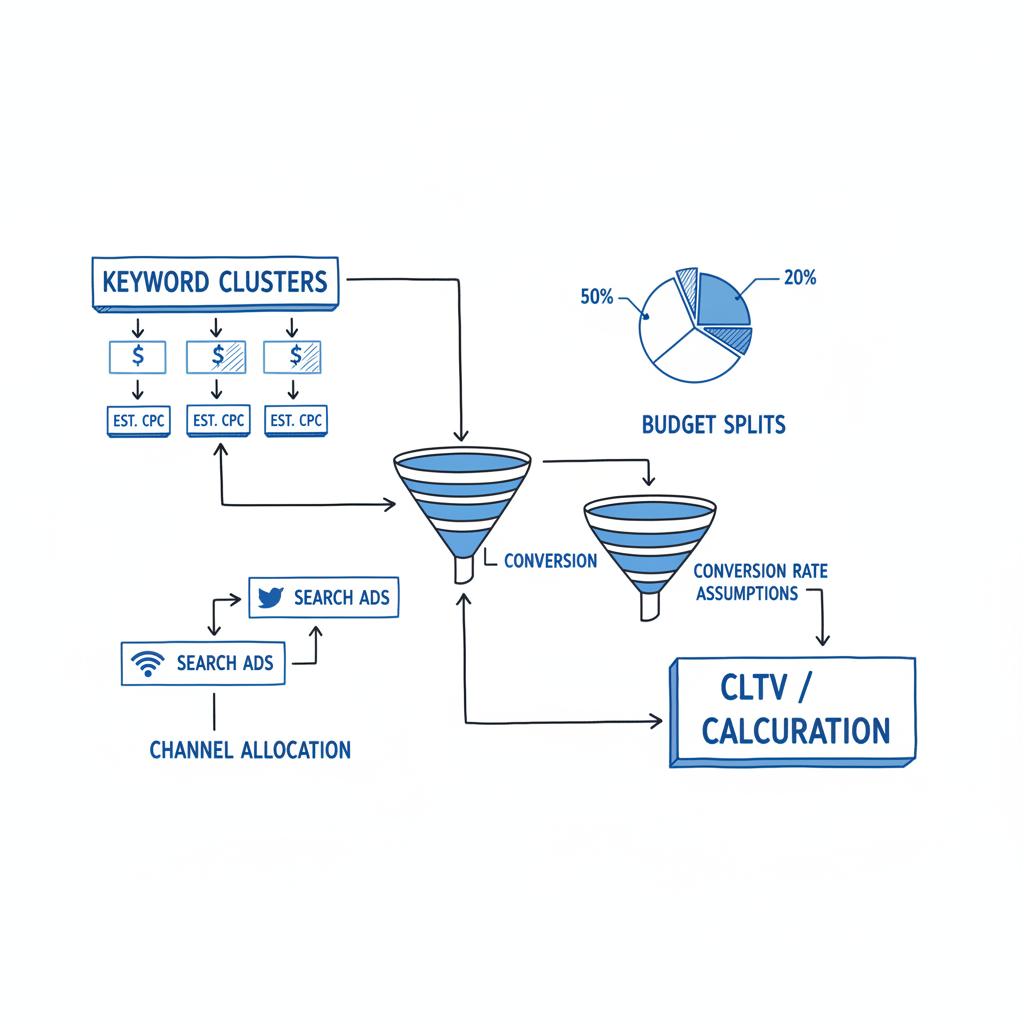 Vector sketch of a Google Ads strategy flowchart linking keywords, CPC estimates, conversion-rate assumptions, and CLTV calculations on white paper &mdash; is Google Ads worth paying for
