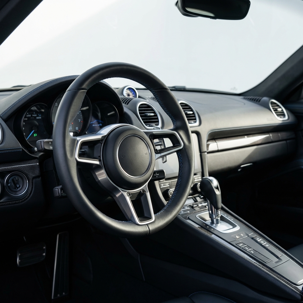 Porsche Cayman for sale interior close up of steering wheel instruments and center console driver focused cockpit minimalist white background
