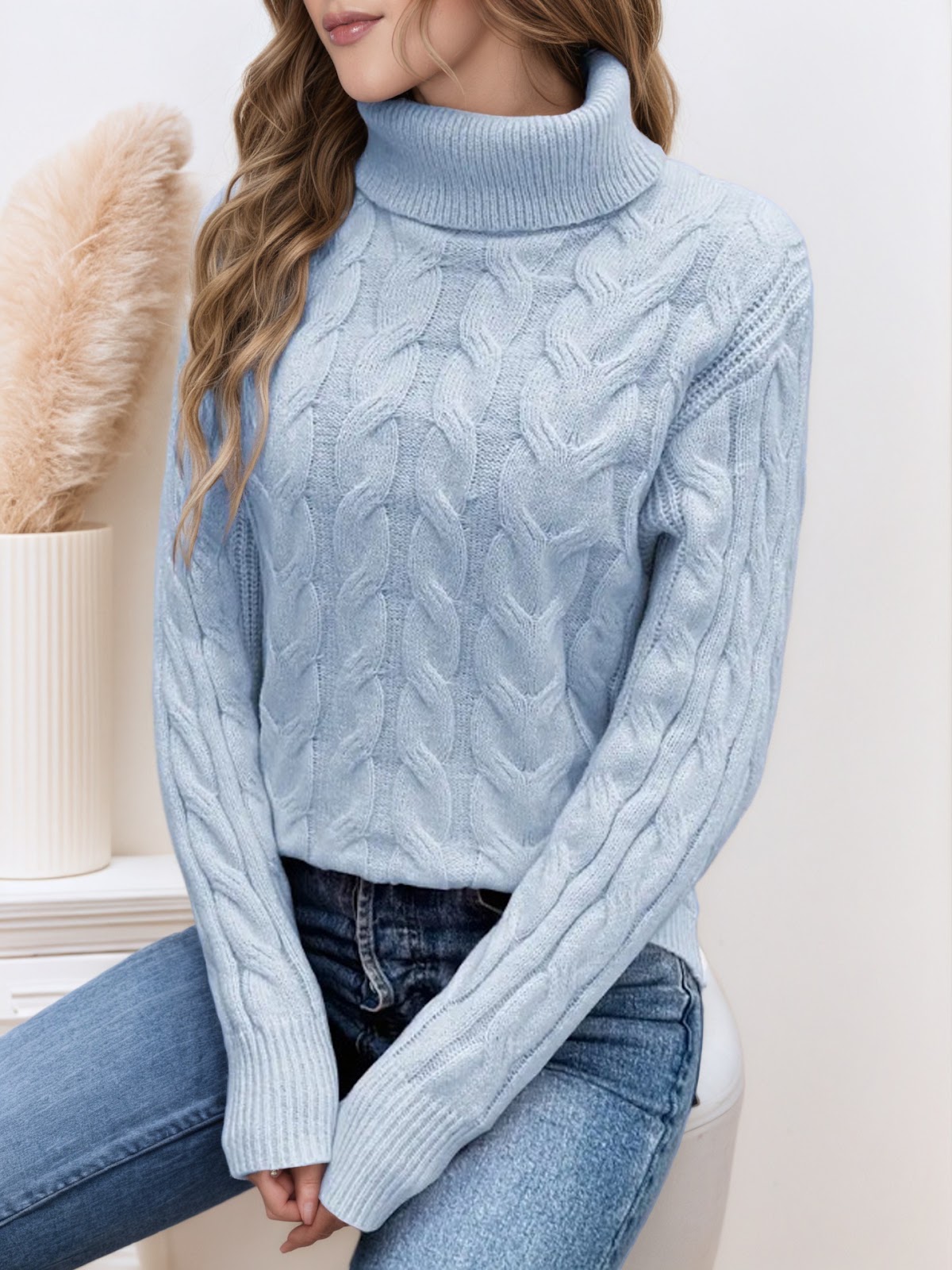 Cable knit sweater with high collar