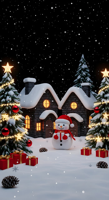 Cozy Christmas Snowman Village Night Winter Scene - Free mobile Wallpaper