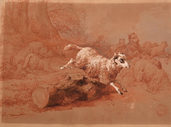 Troupeau de moutons fuyant un loup 1845