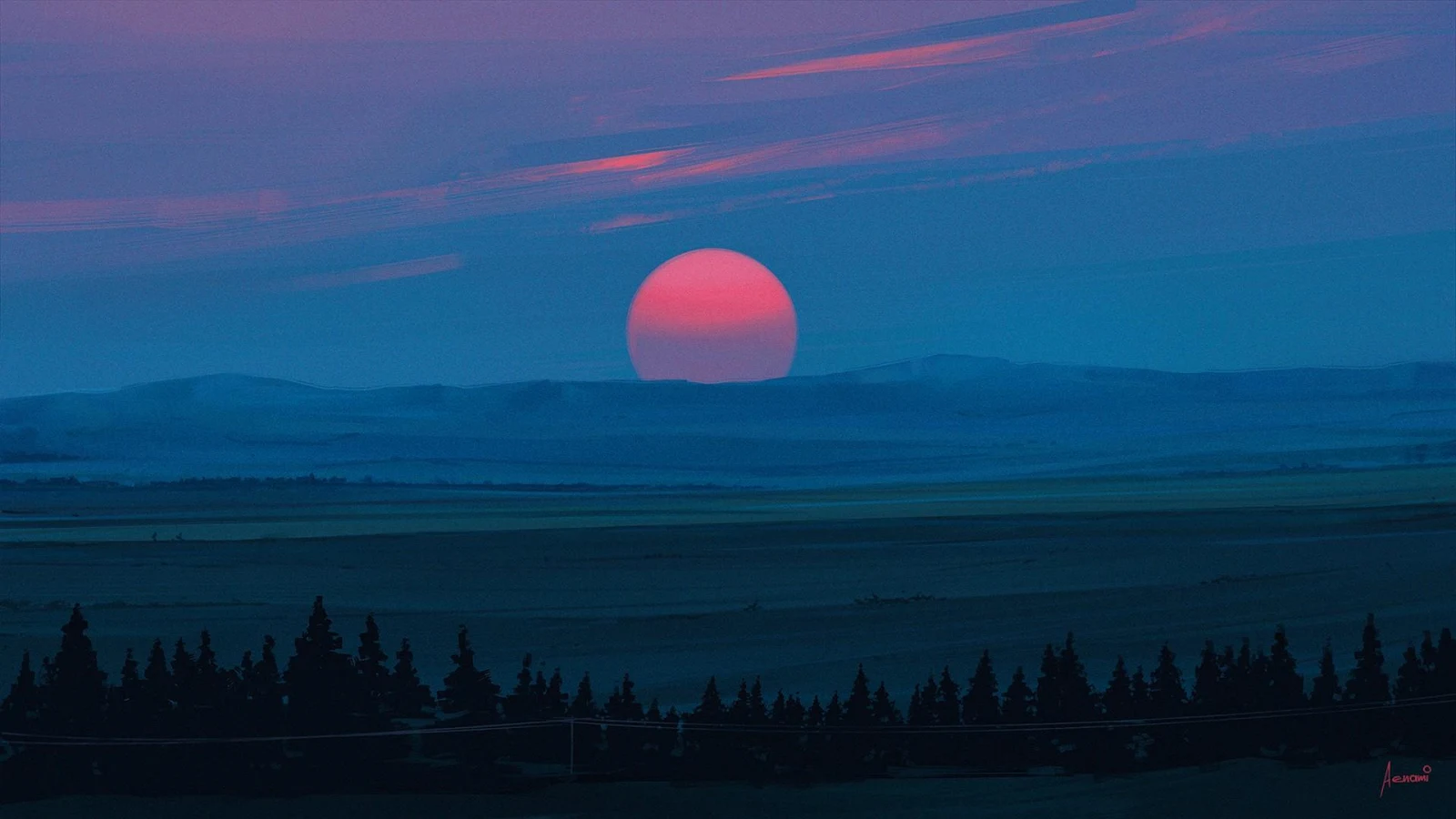 Vast Blue Landscape Under A Pink Sun - Digital Landscape Painting Full HD Wallpaper (1920x1080)