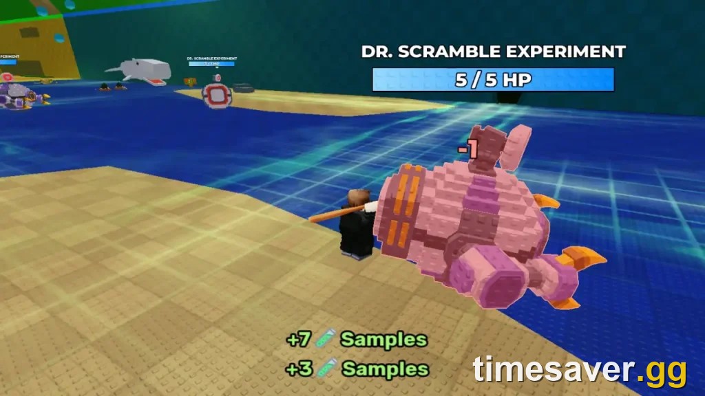 A player hitting a 5 HP Dr. Scramble experiment drone for Samples in Steal An Egg