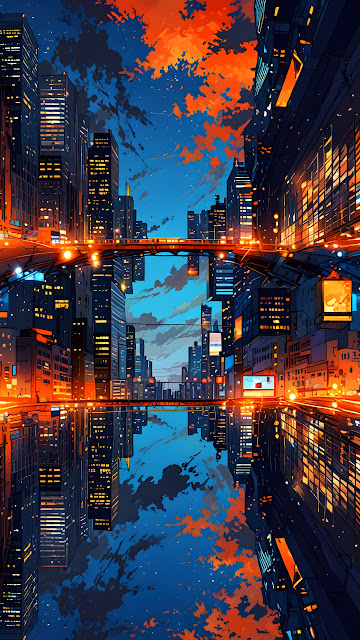 Symmetrical City Reflection at Twilight with Orange Sky - Free mobile Wallpaper