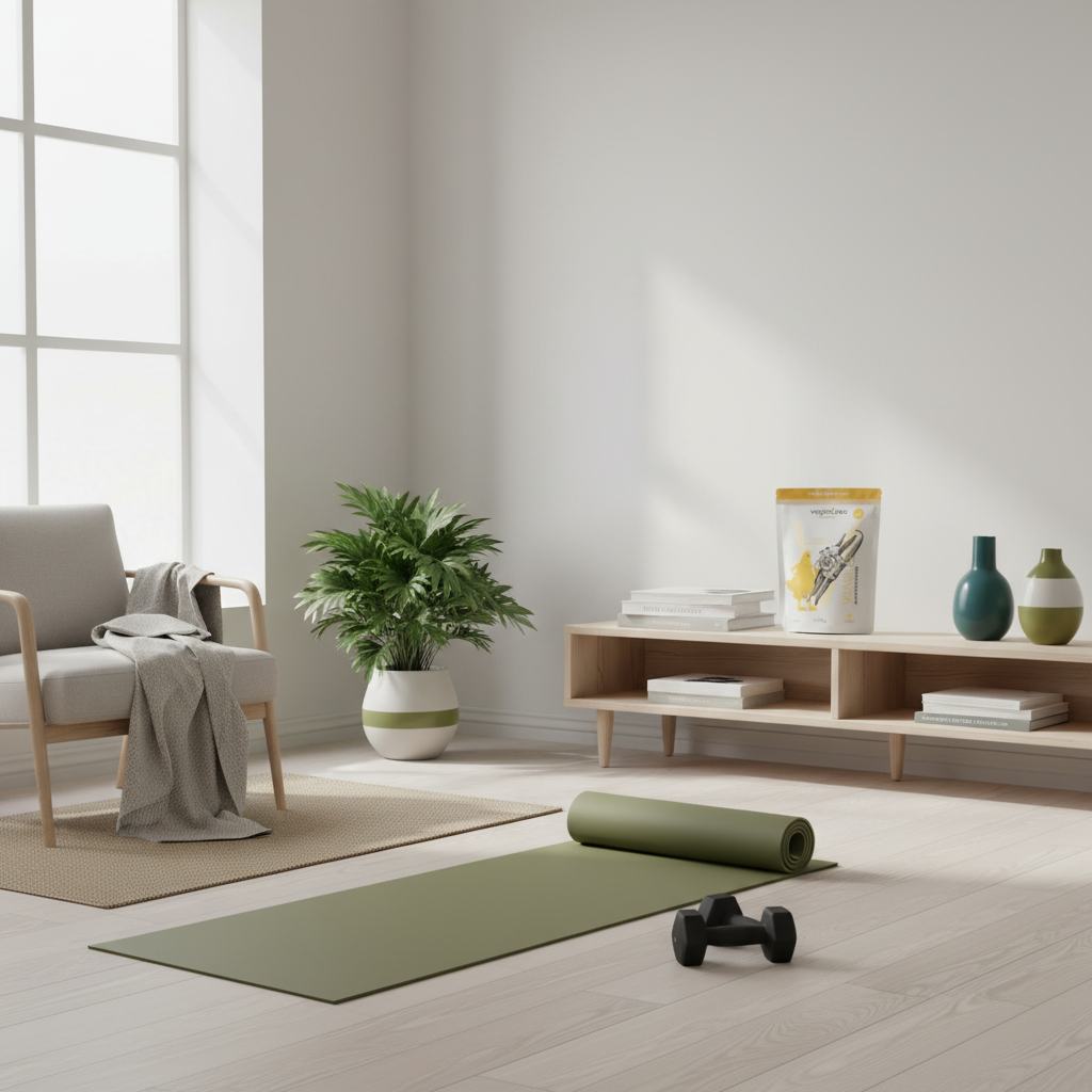 Minimalistischer Heimtrainingsbereich mit Yogamatte, Hanteln und kompaktem EMS-Gerät auf Regal im skandinavischen Wohnzimmer bei Winterlicht – elektrostimulation