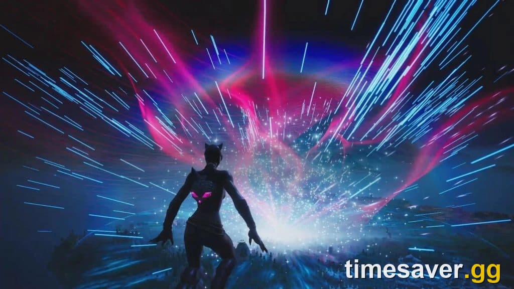 A Fortnite chapter-ending cosmic finale scene, illustrating the season-ending live event and map wipe that precedes a new chapter