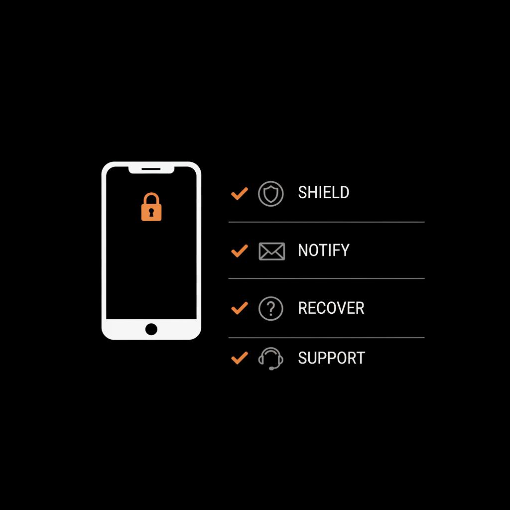 Minimal vector infographic of a smartphone with a small lock icon and checklist showing steps to recover Gmail without password on a black full-bleed background.