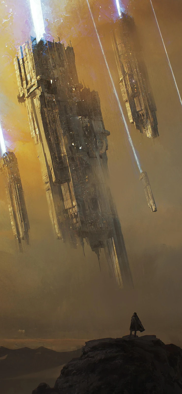 Lone Figure Views Falling Citadel - Digital Concept Art Full HD iPhone Wallpaper (1246x2699)