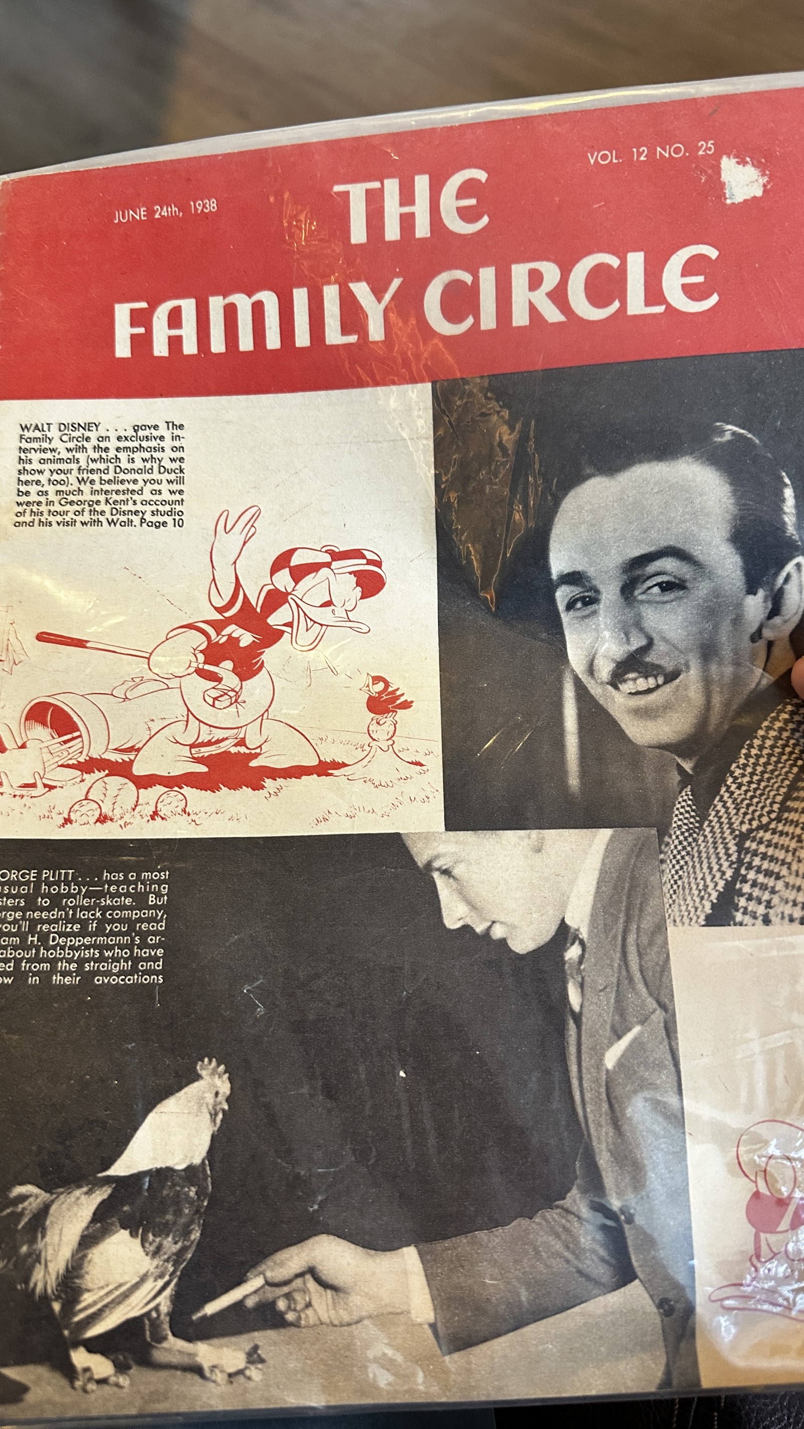 June 1938 Family Circle magazine cover showing Walt Disney portrait photo alongside a color illustration of Donald Duck in early long-bill design with a small bird character, red and white masthead