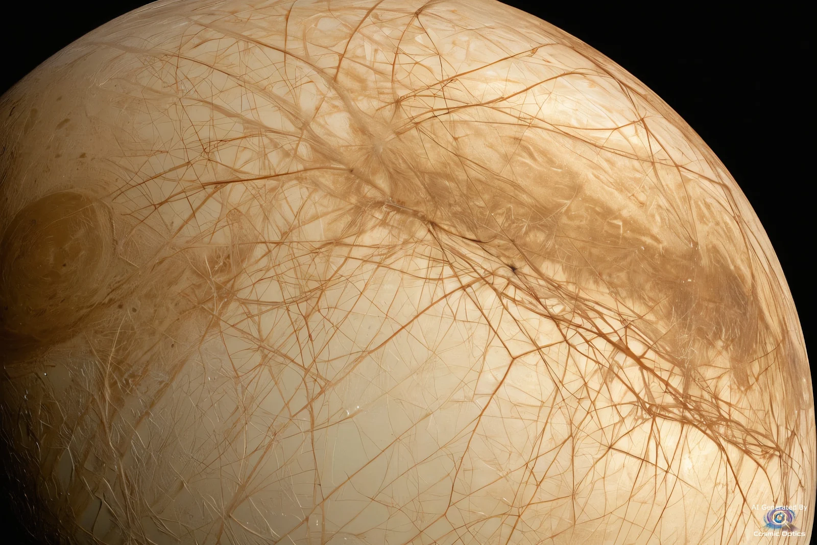 An authentic, photorealistic astronomical photograph of Jupiter's moon Europa in deep space. A highl_00004