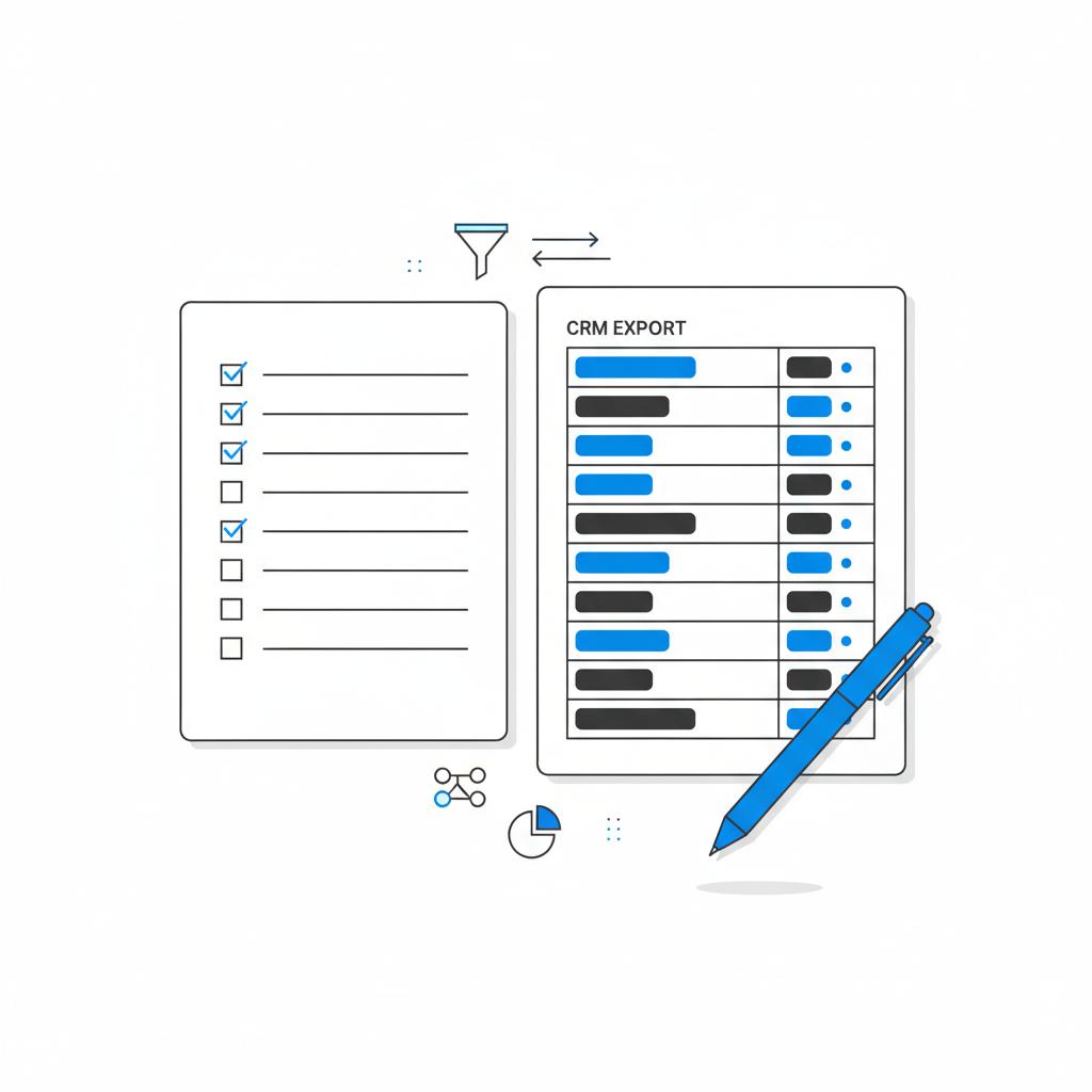 Top-down minimalist vector desk with checklist, CRM export sheet showing lead tags, and a blue #1a5bfb pen — visual for How much does Angie's List cost for business owners?
