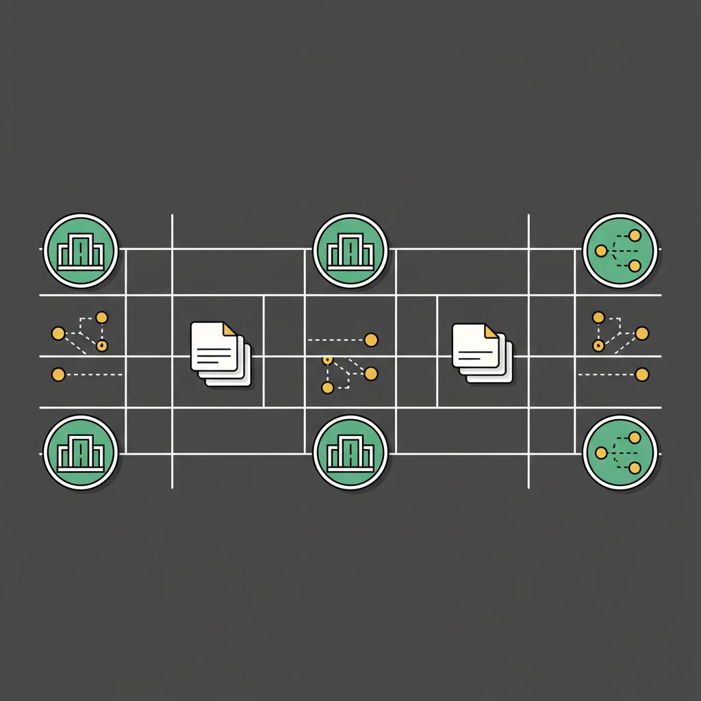 Minimal 2D vector illustration of tokenized real world assets showing building tokens bond tokens and data stream connections on a ledger in Finance Police colors new cryptocurrency news