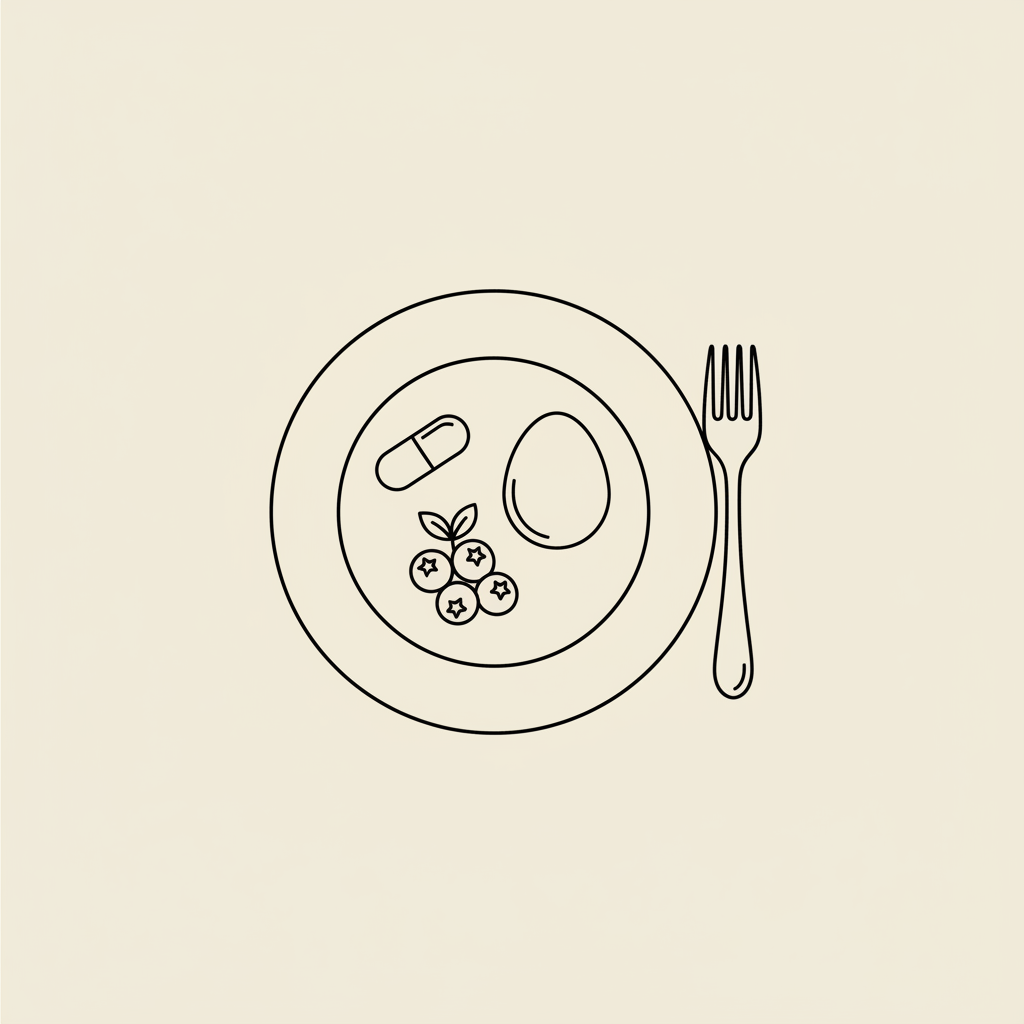 Minimalist line illustration of a plate with fork, small capsule, egg and berry cluster on beige background, suggesting balanced nutrition for how to lose body fat