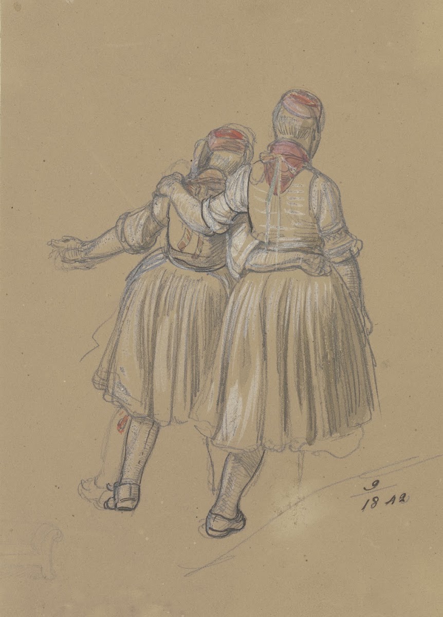 Rückenansicht zweier nebeneinander gehender Mädchen in hessischer Tracht 1842