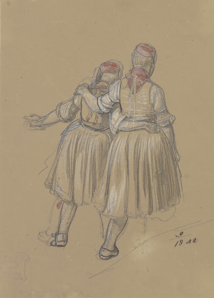 Rückenansicht zweier nebeneinander gehender Mädchen in hessischer Tracht 1842