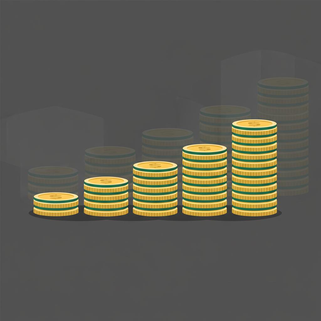 Minimalist 2D vector illustration of ascending coin stacks on dark background representing investing with $100 using Finance Police brand green and gold accents