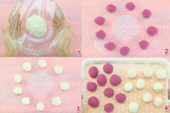 Làm tương tự với phần bột còn lại (100g bột mì, 2g men nở, 50 ml sữa tươi, 25g đường, 1/2 muỗng canh dầu ăn), bạn được khối bột màu trắng. Sau khi ủ, chia mỗi khối bột trắng và đỏ thành 9 phần bằng nhau. Ta được tổng cộng 18 viên bột.