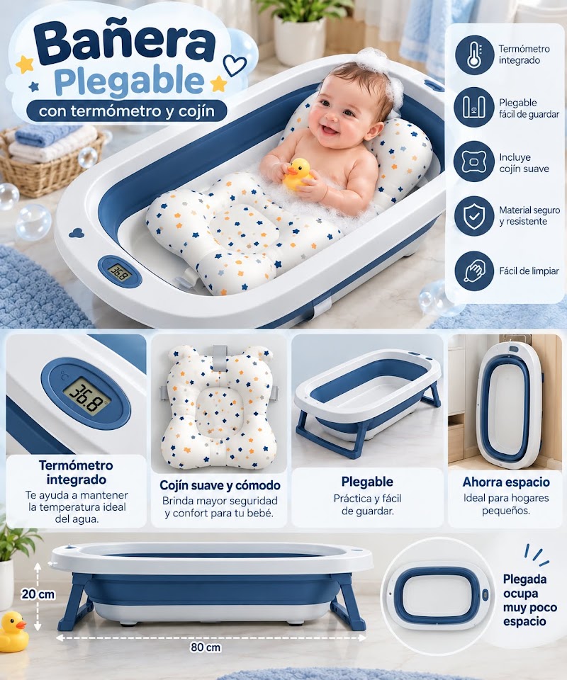 Bañera plegable para bebé con termómetro y cojín