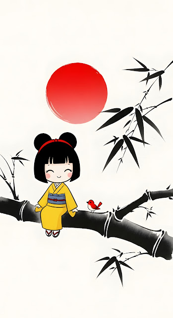 Cute Kokeshi Doll Sitting on Bamboo Branch Sumi E Art - Free mobile Wallpaper