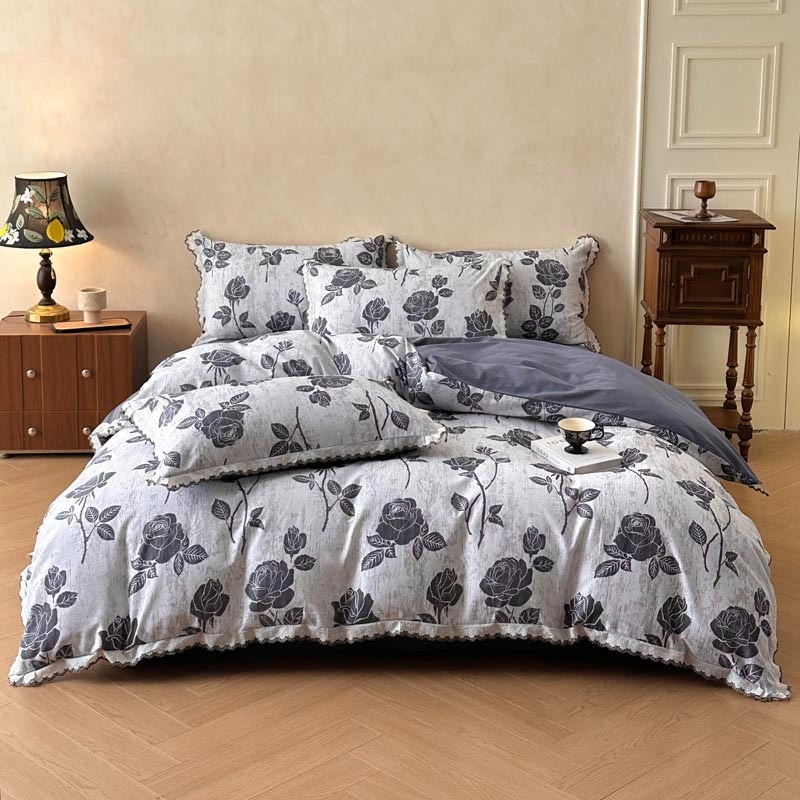 Cotton Bedding Set, brushed, Vintage style, with lace trim