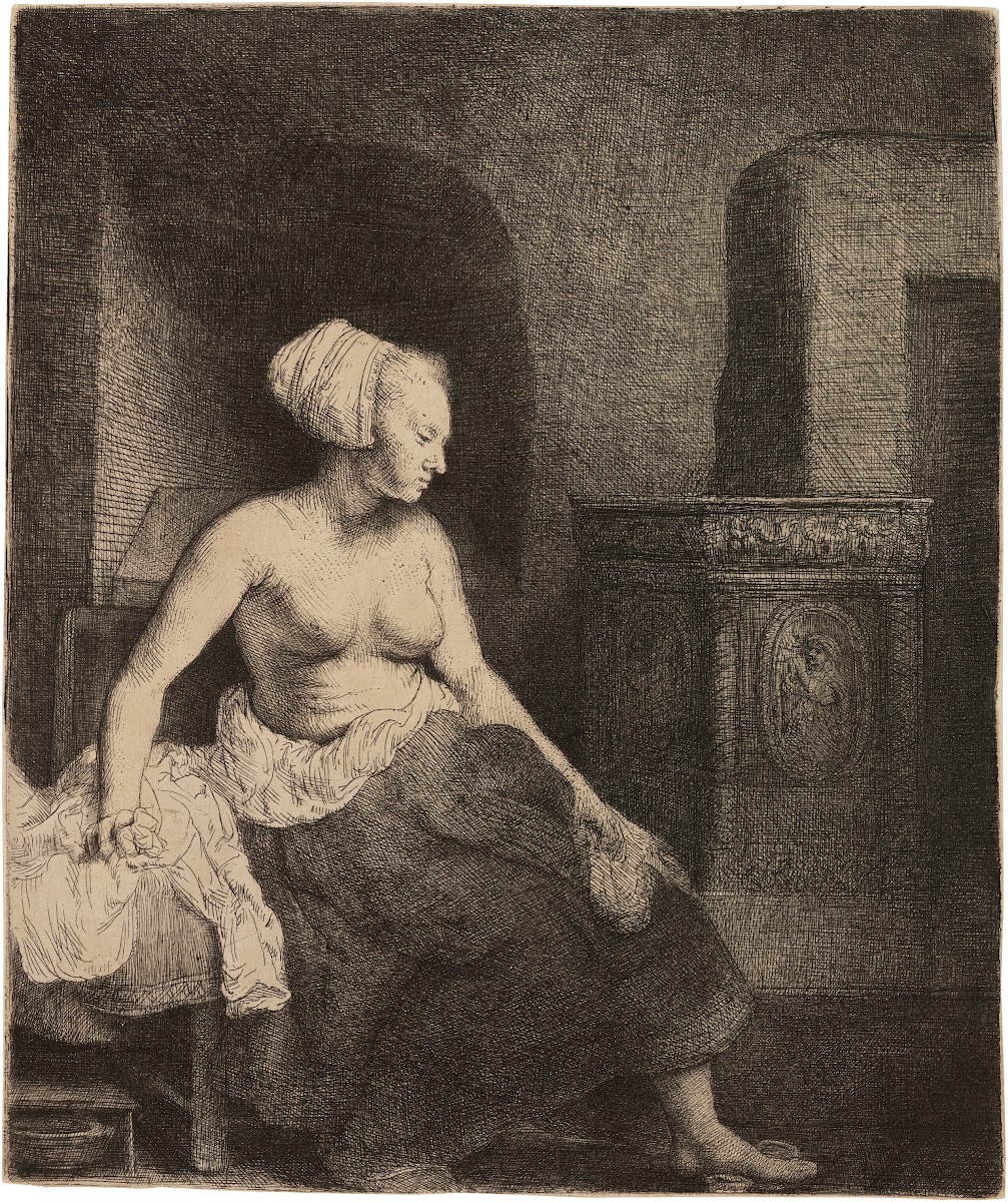 Woman sitting half dressed beside a Stove 1658