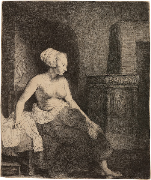 Woman sitting half dressed beside a Stove 1658