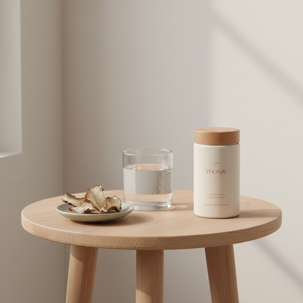 Minimalist bedside scene with Tonum supplement jar, glass of water and ceramic dish of dried lion’s mane mushrooms, evoking lion's mane for brain fog
