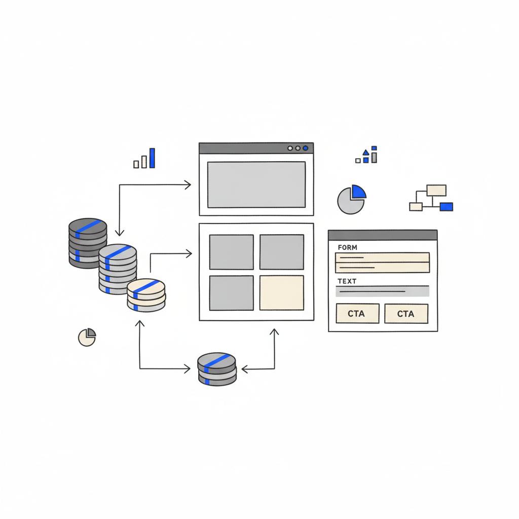 Minimalist 2D vector notebook-style sketch of stacked coins and web UI wireframes illustrating cost to build small business website, white background, dark ink lines and blue accents